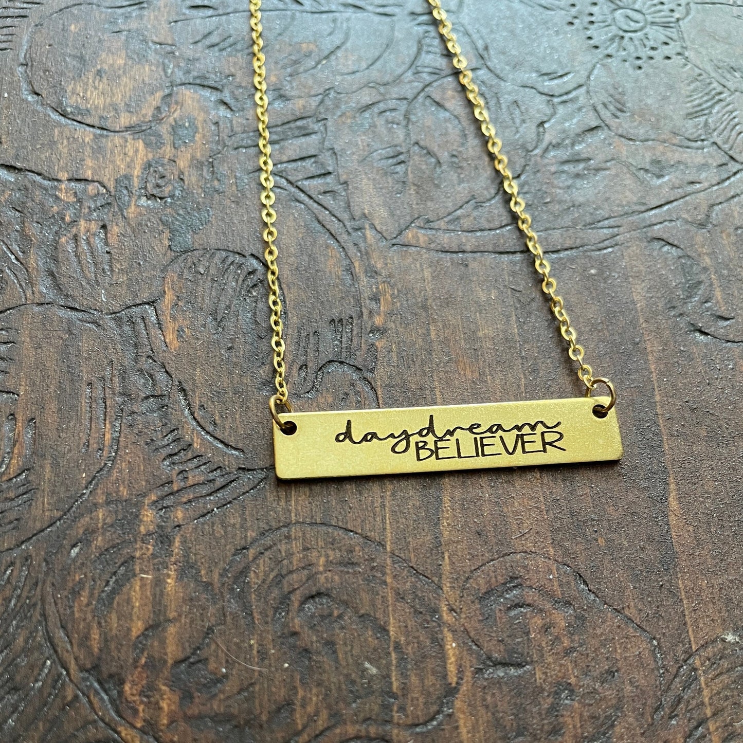 Custom Boho Daydream Believer Engraved Brass Bar Necklace, Custom Bar gold color, Laser Engraved