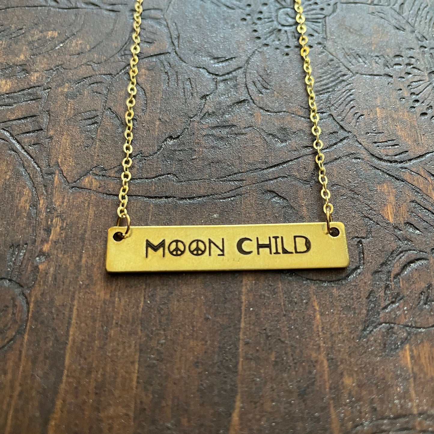 Custom Boho Moon Child Engraved Brass Bar Necklace, Custom Bar gold color, Laser Engraved