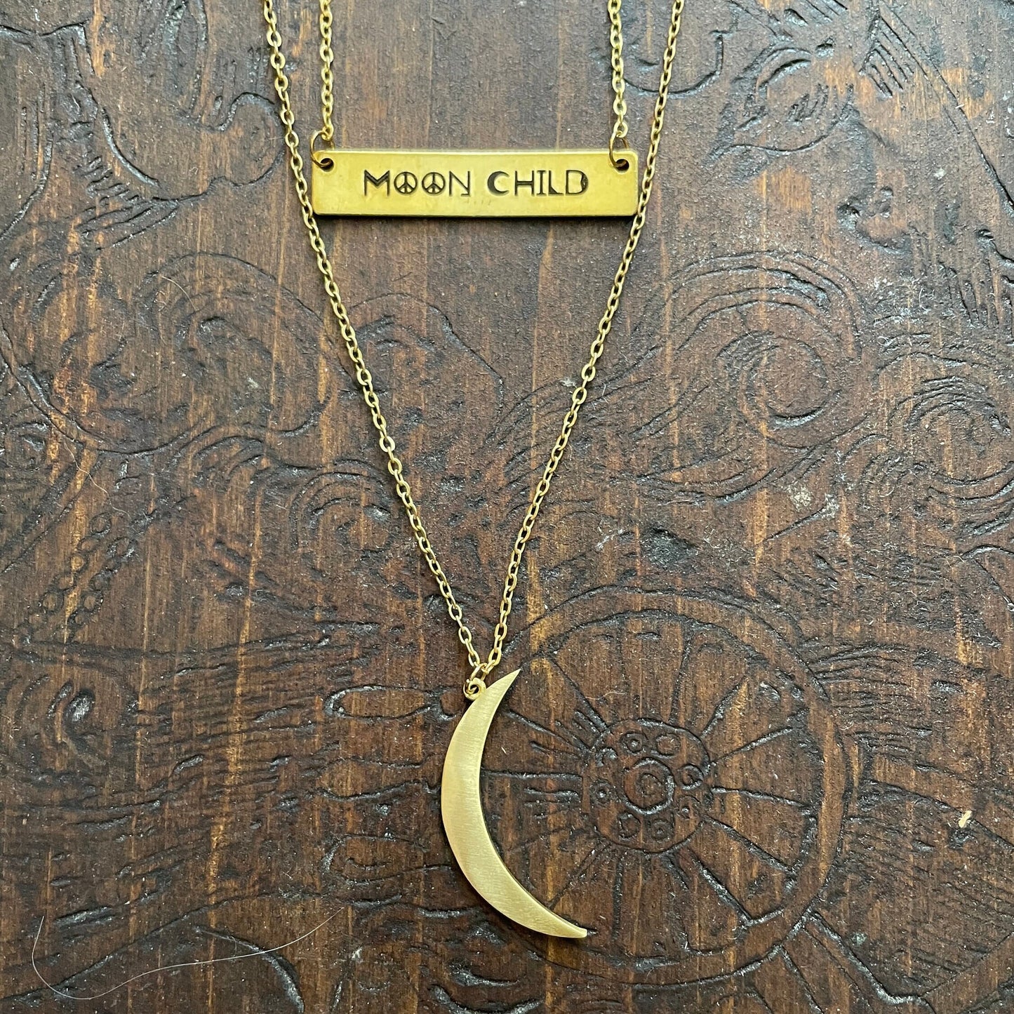 Custom Boho Moon Child Engraved Brass Bar Necklace, Custom Bar gold color, Laser Engraved