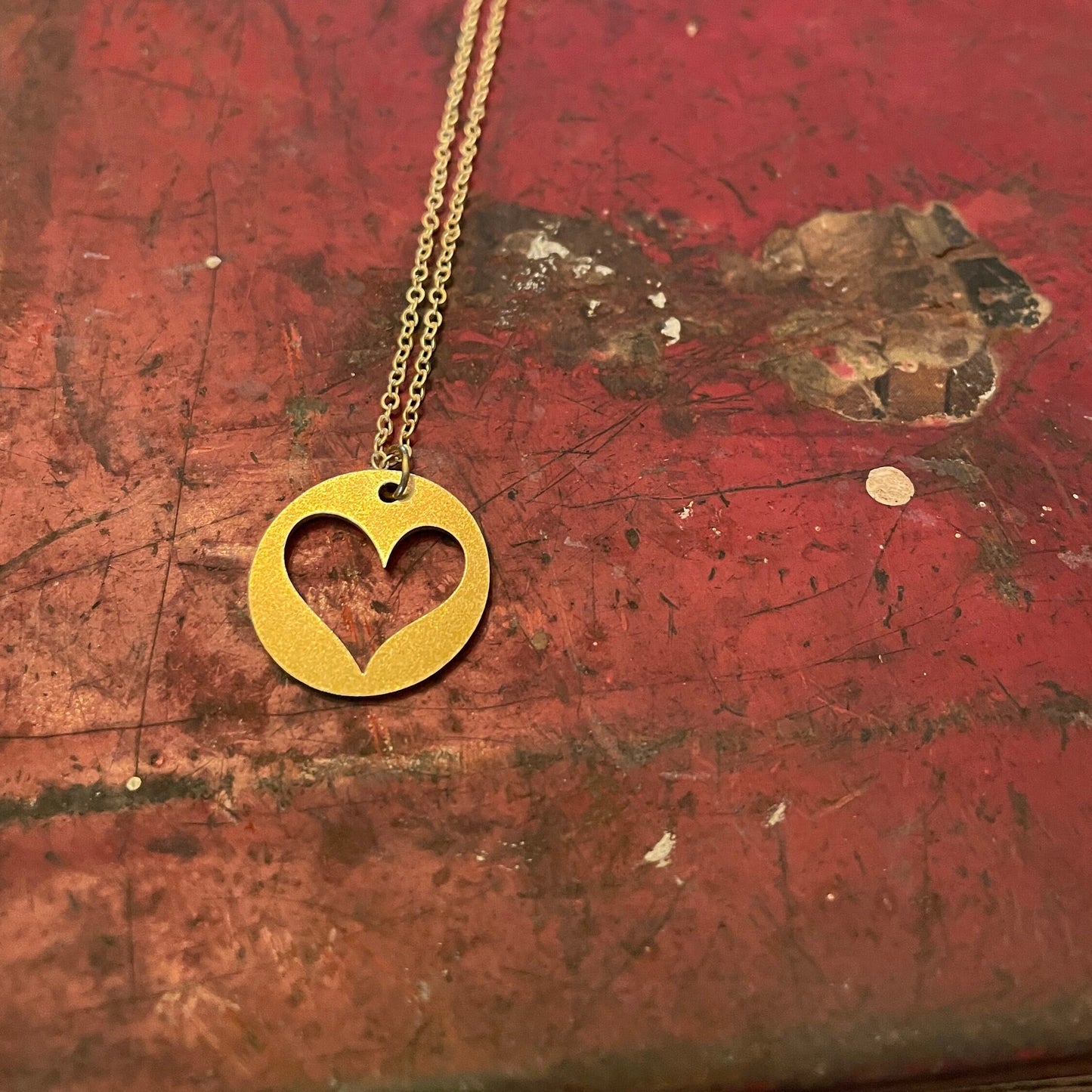 Cut-out Heart Brass Disc Necklace, Custom Round Disc, Custom Laser Engraved Valentine Heart Design, Round Disc