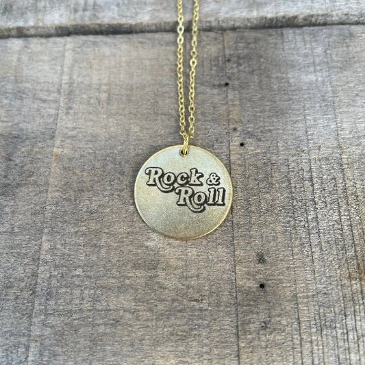 Custom Boho Rock & Roll Engraved Brass Pendant Necklace, Custom Round Disc, Rocker Chic, Music Jewelry