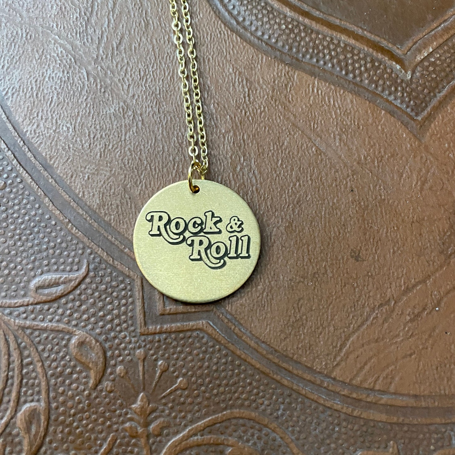 Custom Boho Rock & Roll Engraved Brass Pendant Necklace, Custom Round Disc, Rocker Chic, Music Jewelry