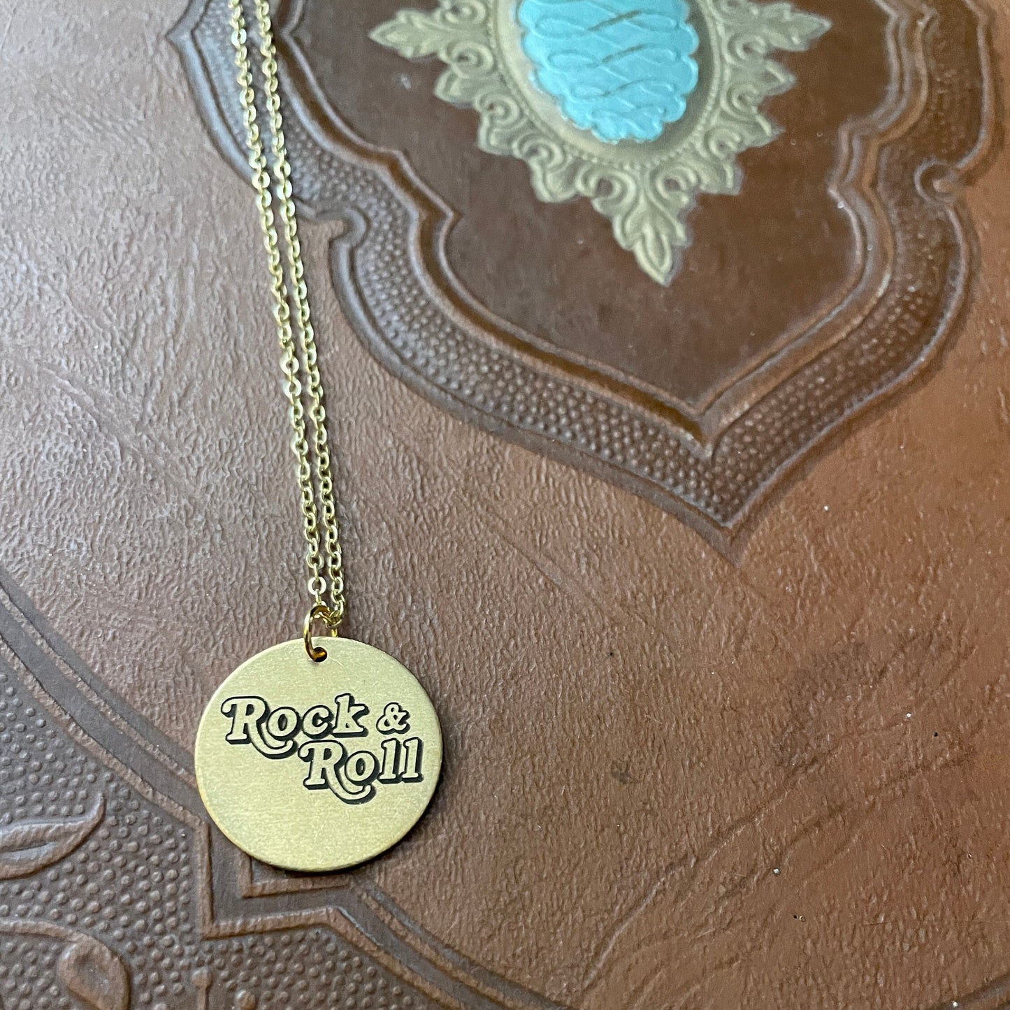 Custom Boho Rock & Roll Engraved Brass Pendant Necklace, Custom Round Disc, Rocker Chic, Music Jewelry