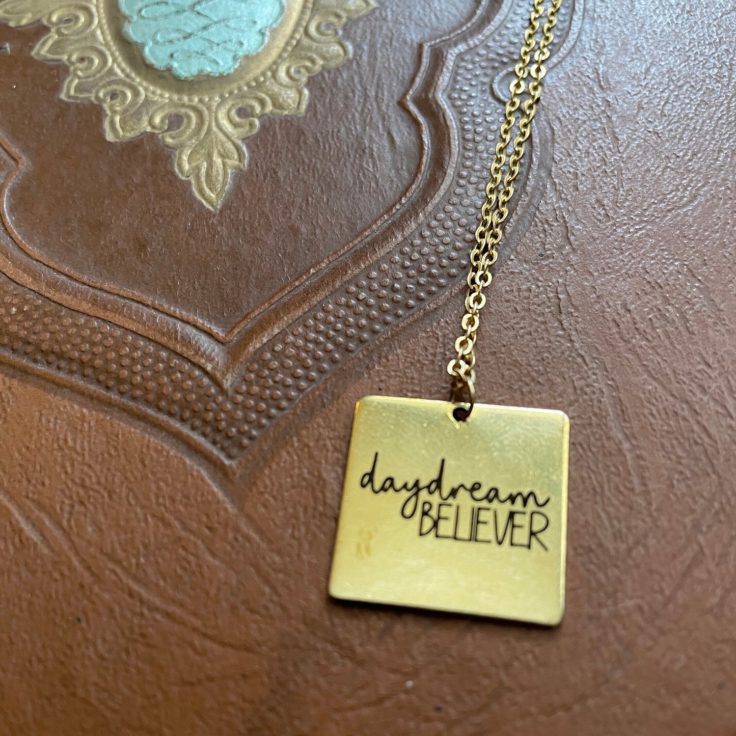 Custom Boho Daydream Believer Engraved Brass Pendant Necklace, Custom Square Gold color, Rocker Chic