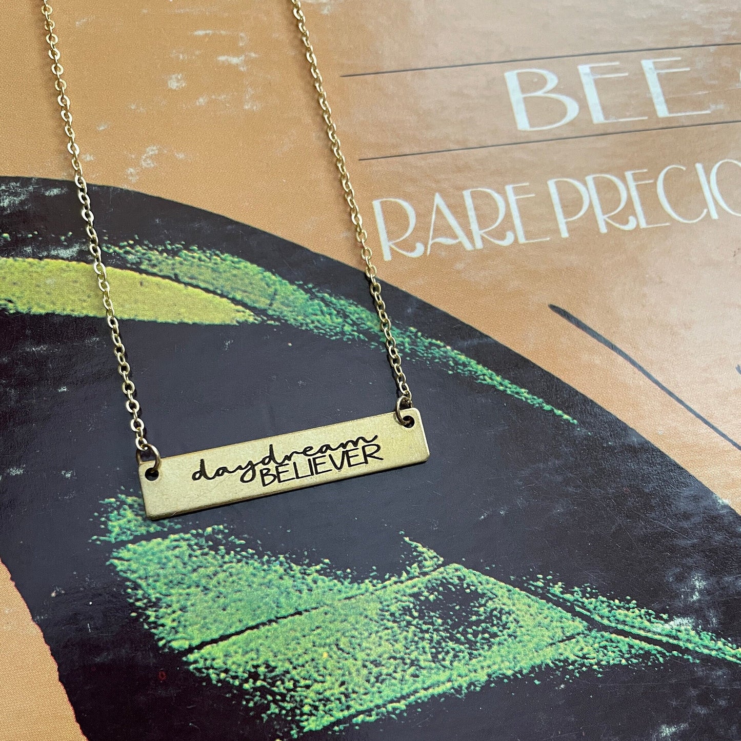 Custom Boho Daydream Believer Engraved Brass Bar Necklace, Custom Bar gold color, Laser Engraved