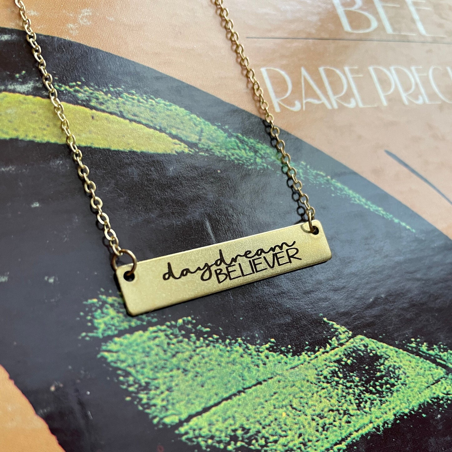 Custom Boho Daydream Believer Engraved Brass Bar Necklace, Custom Bar gold color, Laser Engraved