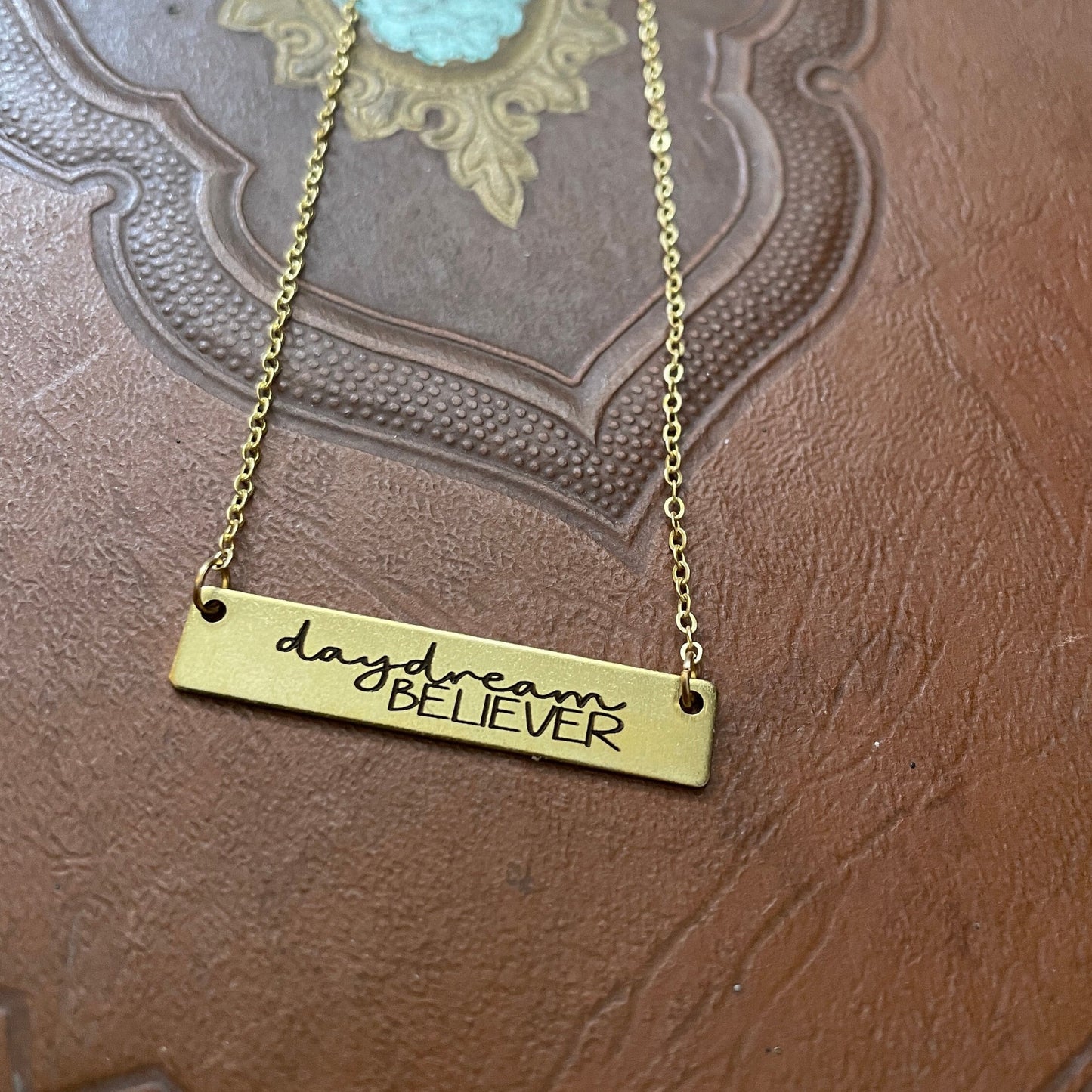 Custom Boho Daydream Believer Engraved Brass Bar Necklace, Custom Bar gold color, Laser Engraved