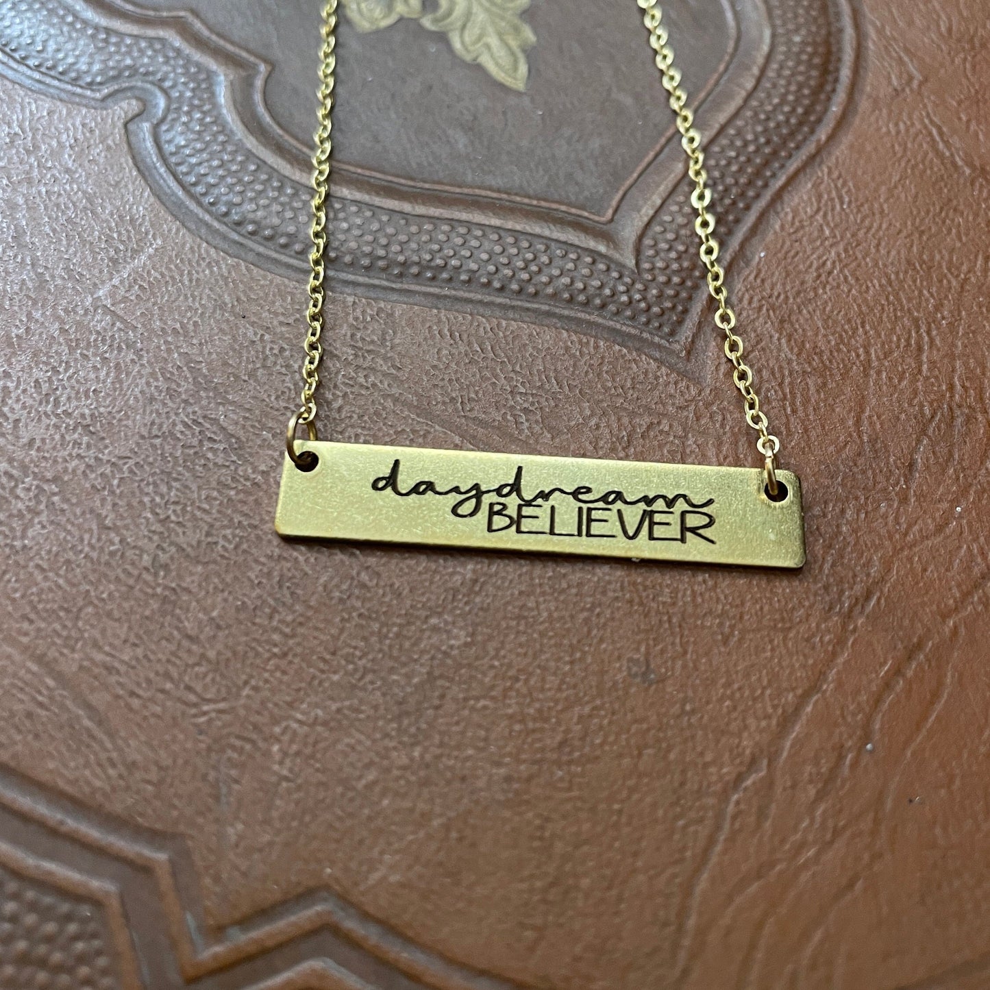 Custom Boho Daydream Believer Engraved Brass Bar Necklace, Custom Bar gold color, Laser Engraved