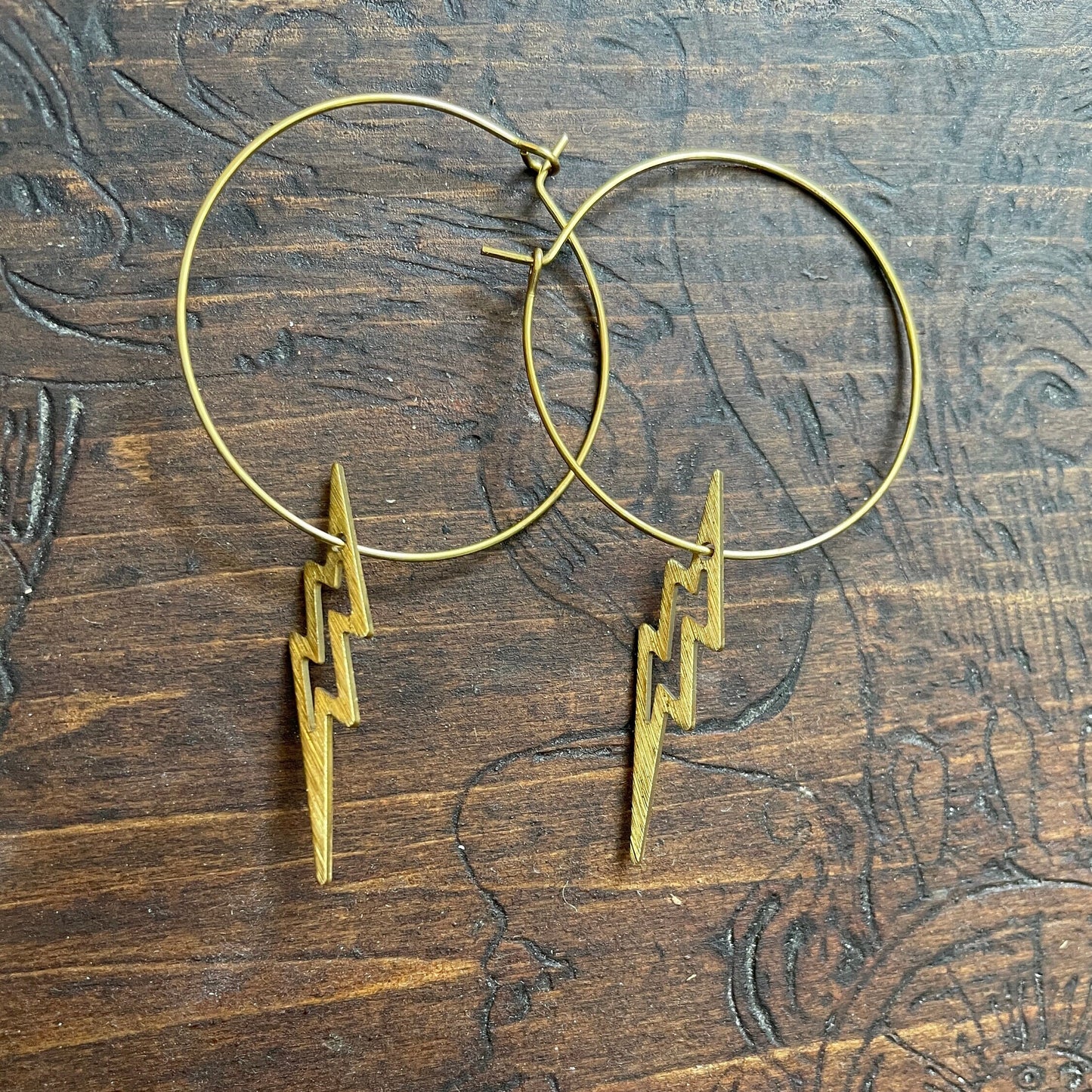 Lightening Bolt Brass Boho Hoop Earrings, Minimalist - Metal Collection - Lightening