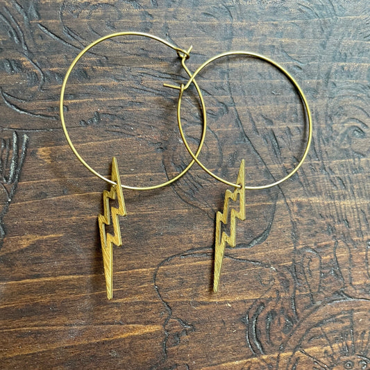 Lightening Bolt Brass Boho Hoop Earrings, Minimalist - Metal Collection - Lightening