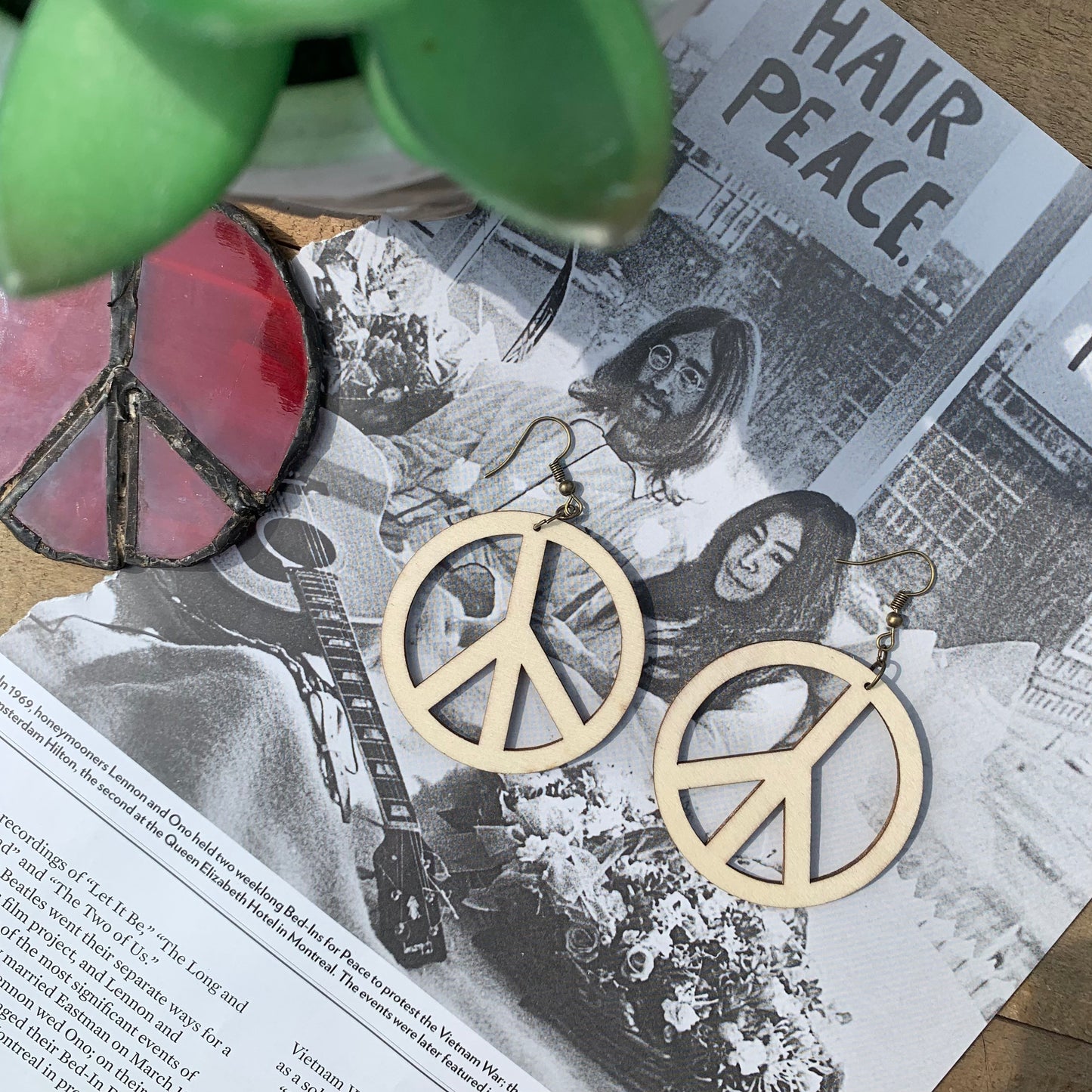 Natural Wood Peace Sign Hoop Earrings, Non-Stained Bohemian Jewelry