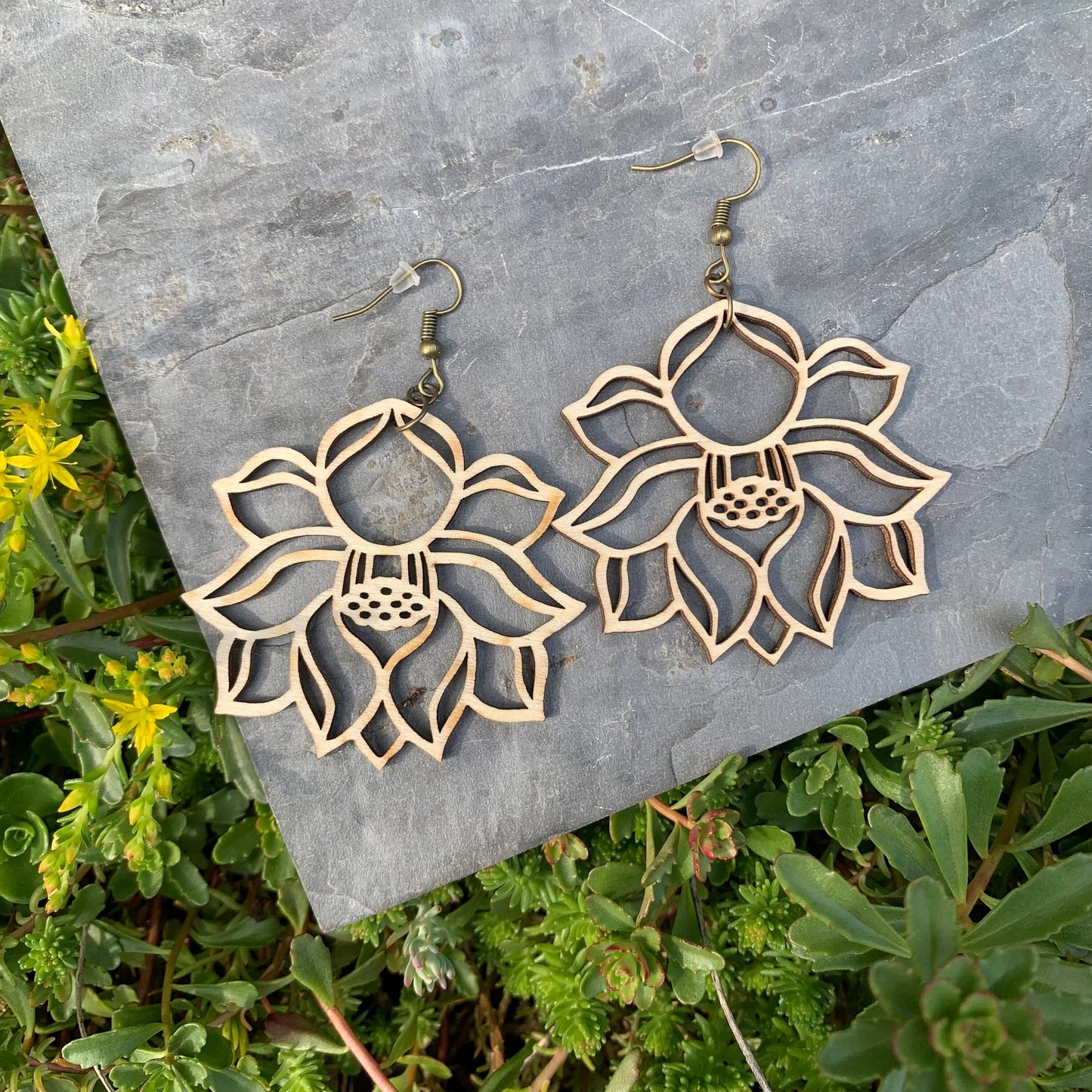 Handcrafted Light Natural Wood Boho Earrings, Flower Design, Natural Unfinished
