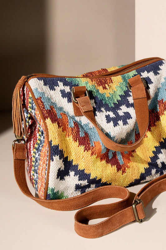 Aztec Woven Southwestern Style Bag with Suede Straps