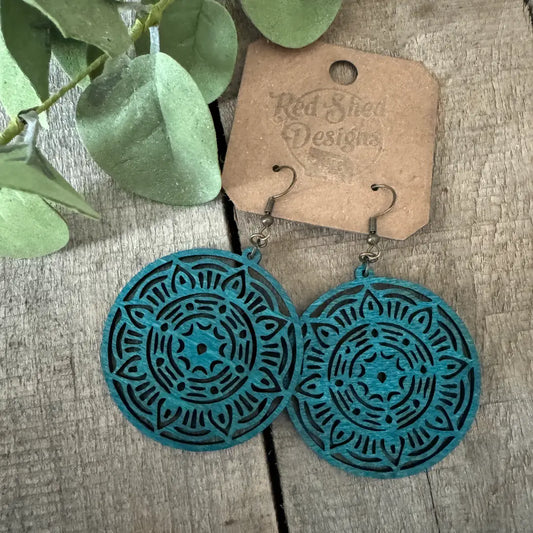 Blue Mandala Wood Lightweight Earrings