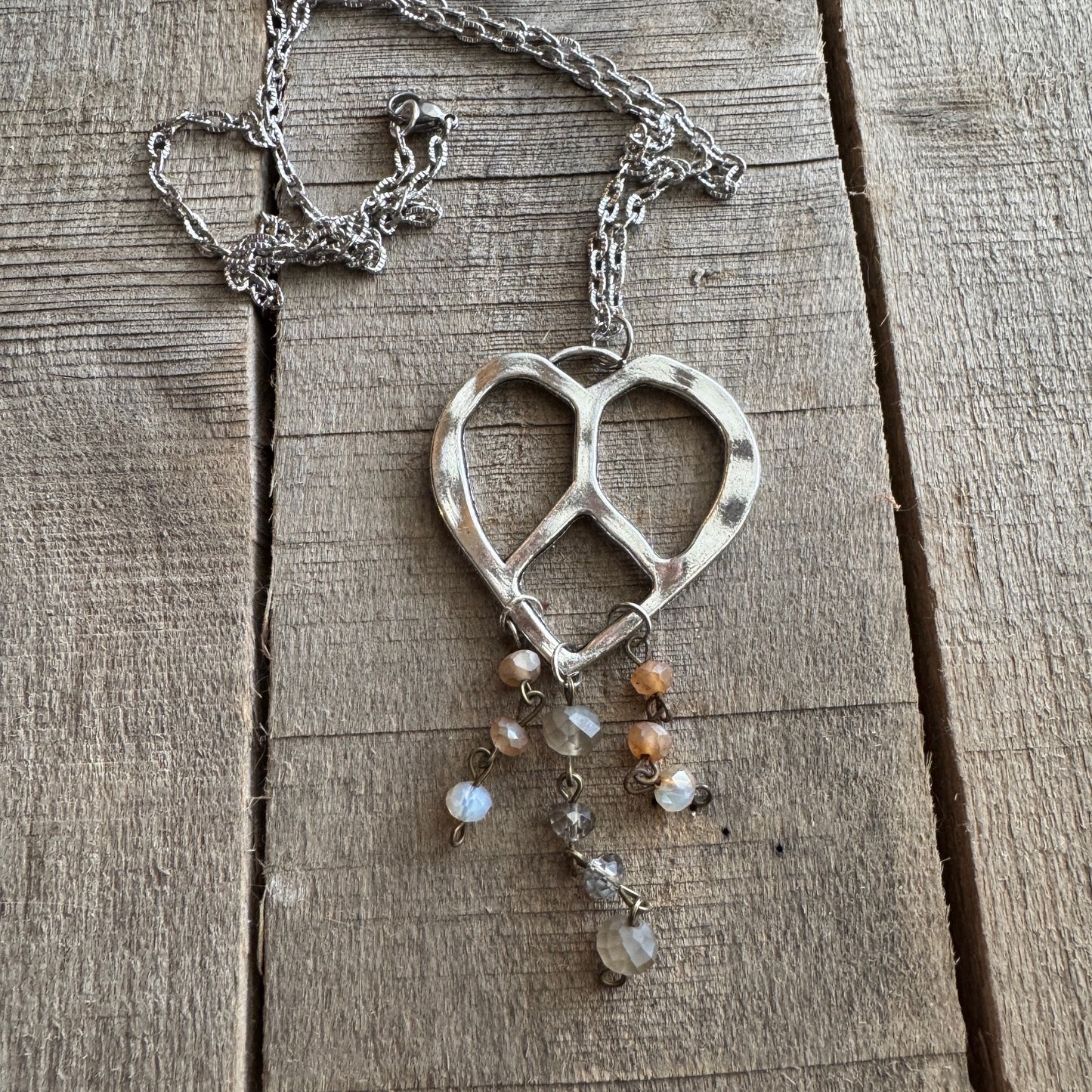 Silver Peace Heart Necklace with Bead Charms