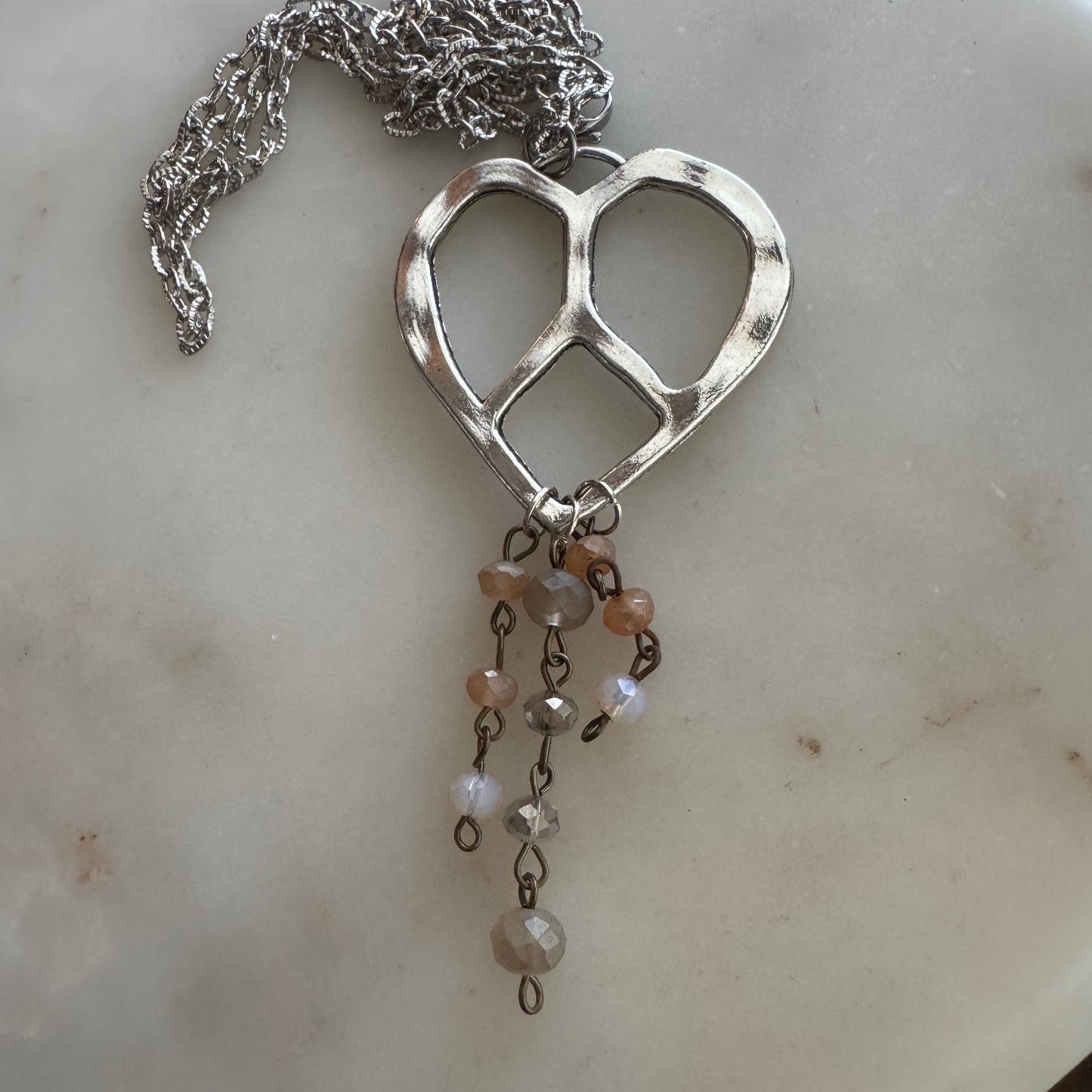 Silver Peace Heart Necklace with Bead Charms