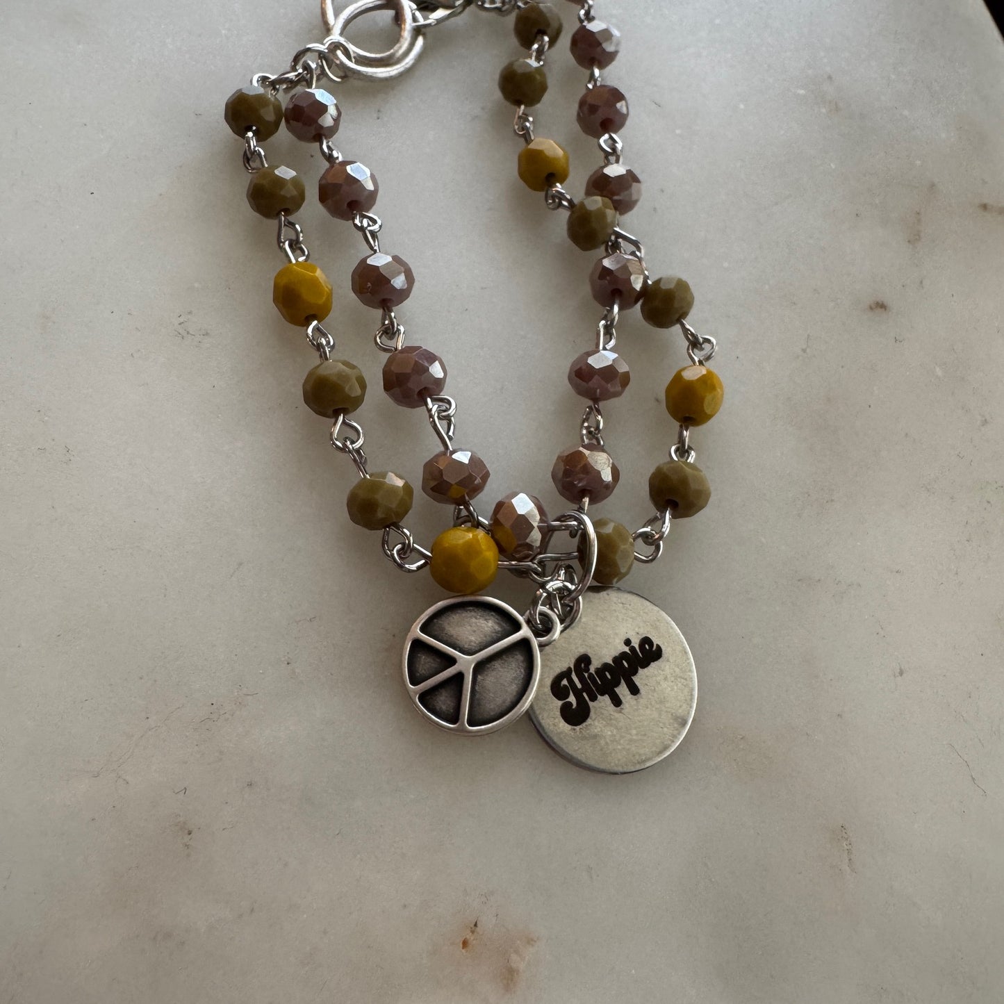 Boho Beaded Hippie Peace Bracelet - Vintage Silver Multi-Strand Bracelet with Charm
