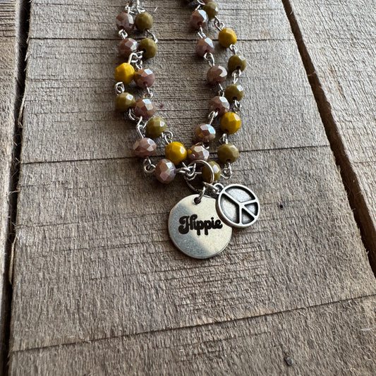 Boho Beaded Hippie Peace Bracelet - Vintage Silver Multi-Strand Bracelet with Charm