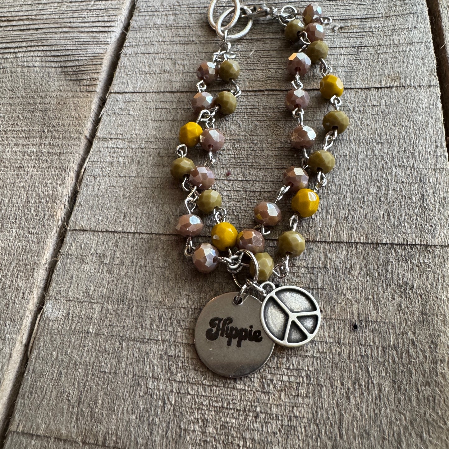 Boho Beaded Hippie Peace Bracelet - Vintage Silver Multi-Strand Bracelet with Charm