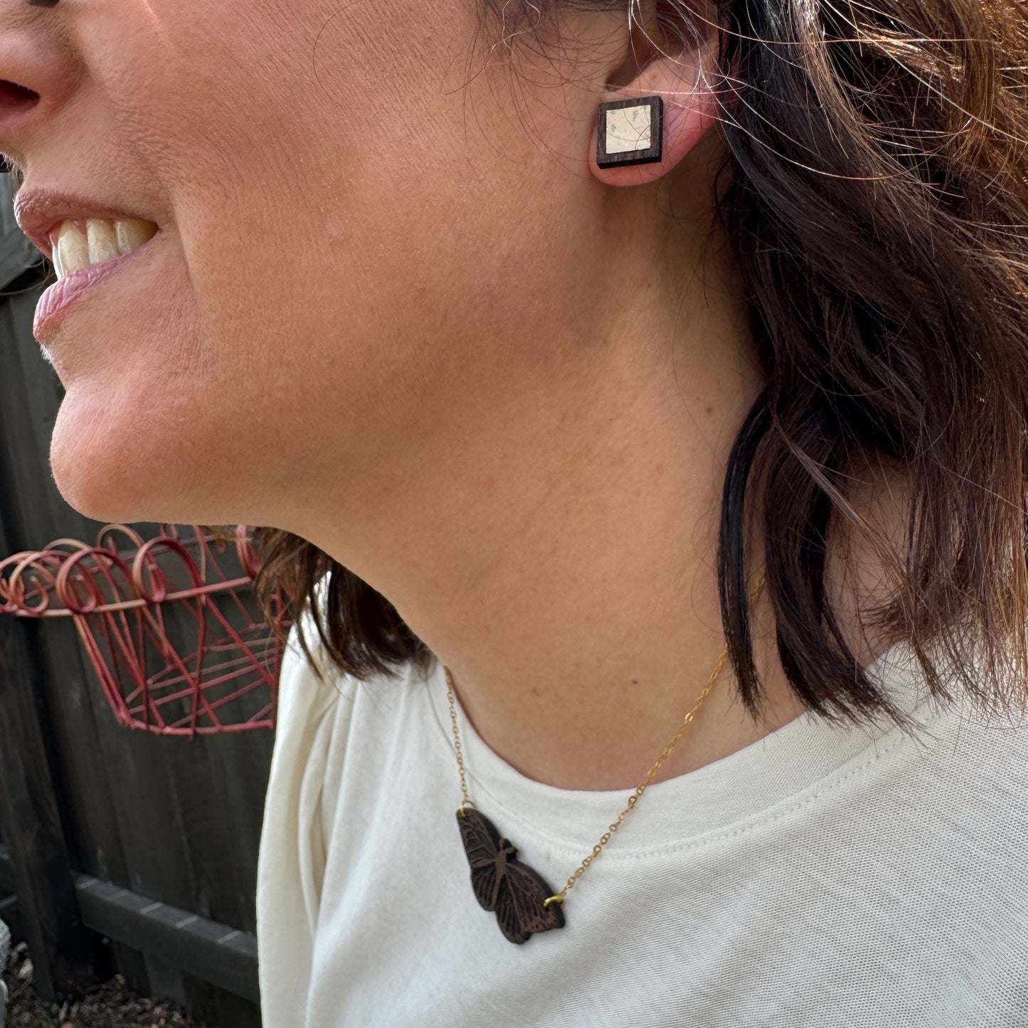 Pearl Square Cork Inlay & Walnut Wood Stud Earrings