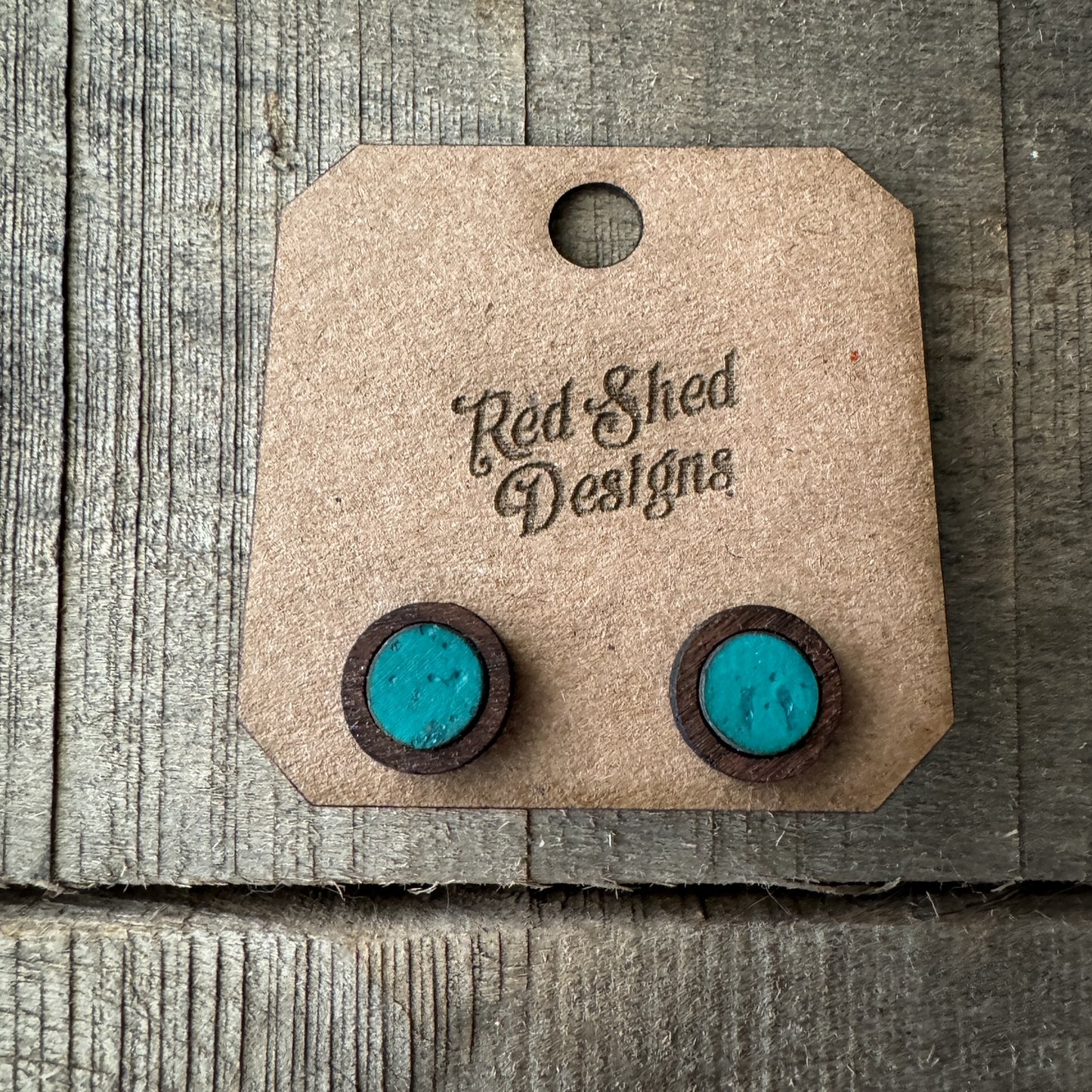 Turquoise Circle Cork Inlay & Walnut Wood Stud Earrings