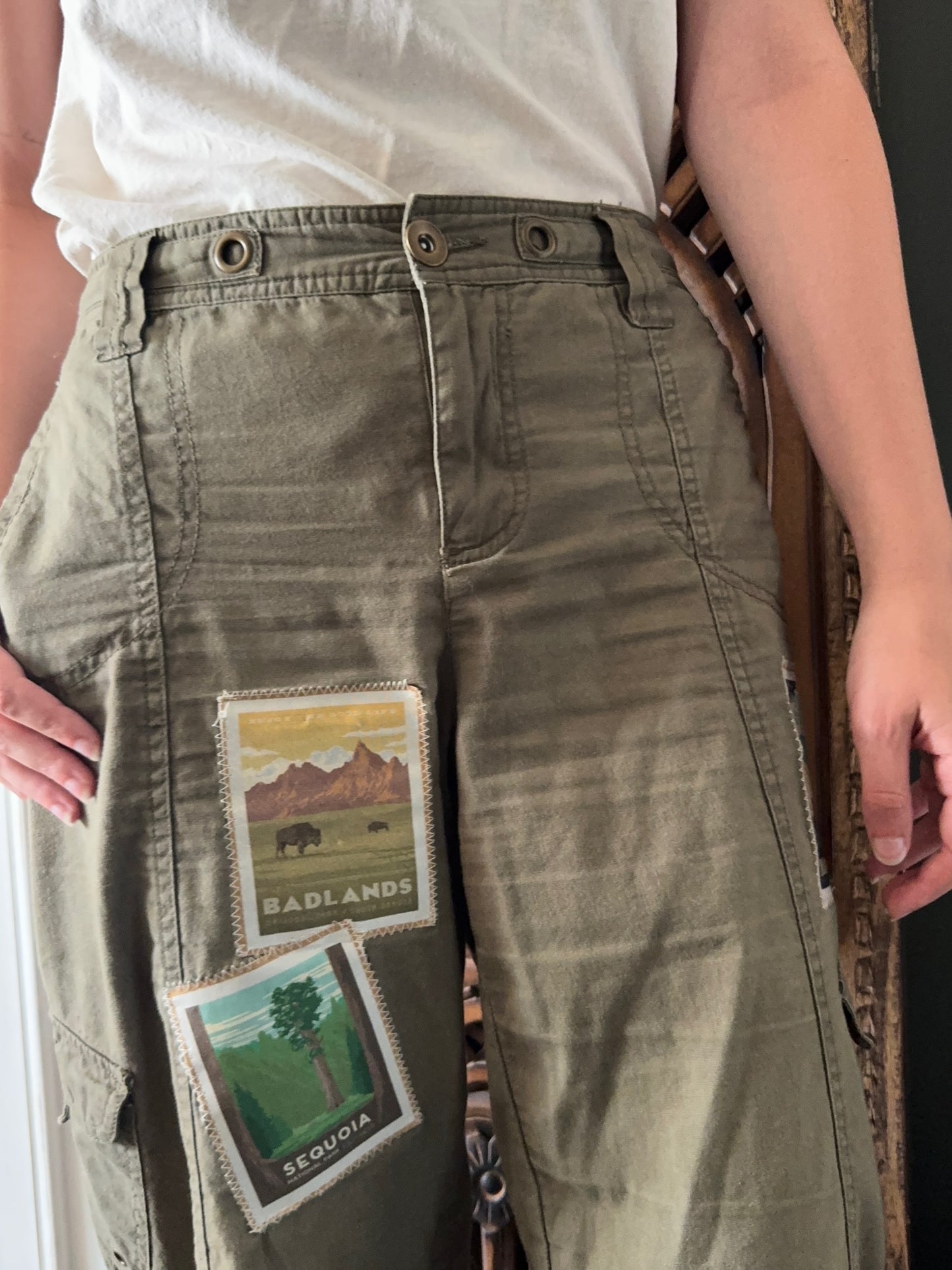 Free People Dupe National Parks Olive Green Cargo Pants- Vintage americana Patch vest - One-of-a-kind Wearable Art