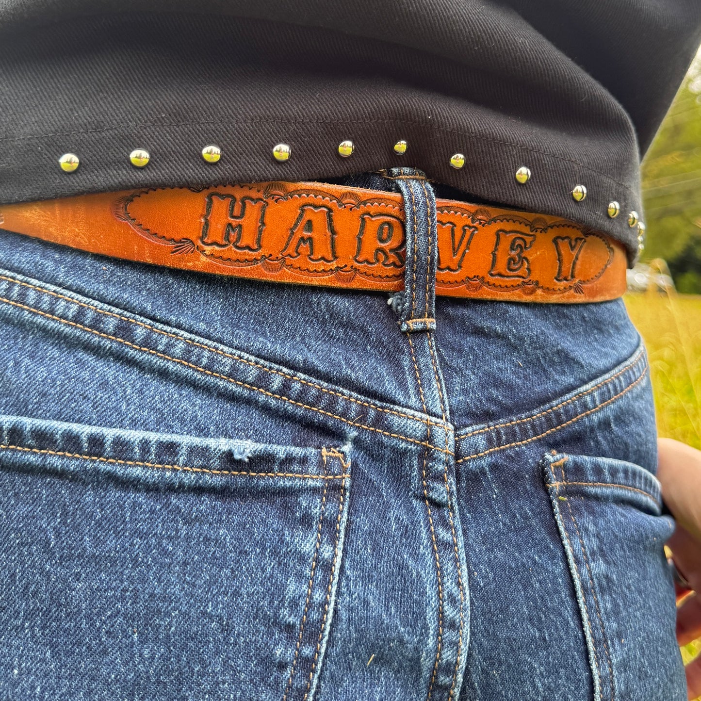 Vintage Leather Belt with Harvey Stamped Western Horse/Cactus Design