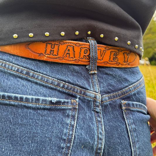 Tooled Leather Belt with "Harvey" Stamped Western Horse/Cactus Design - Vintage Belt