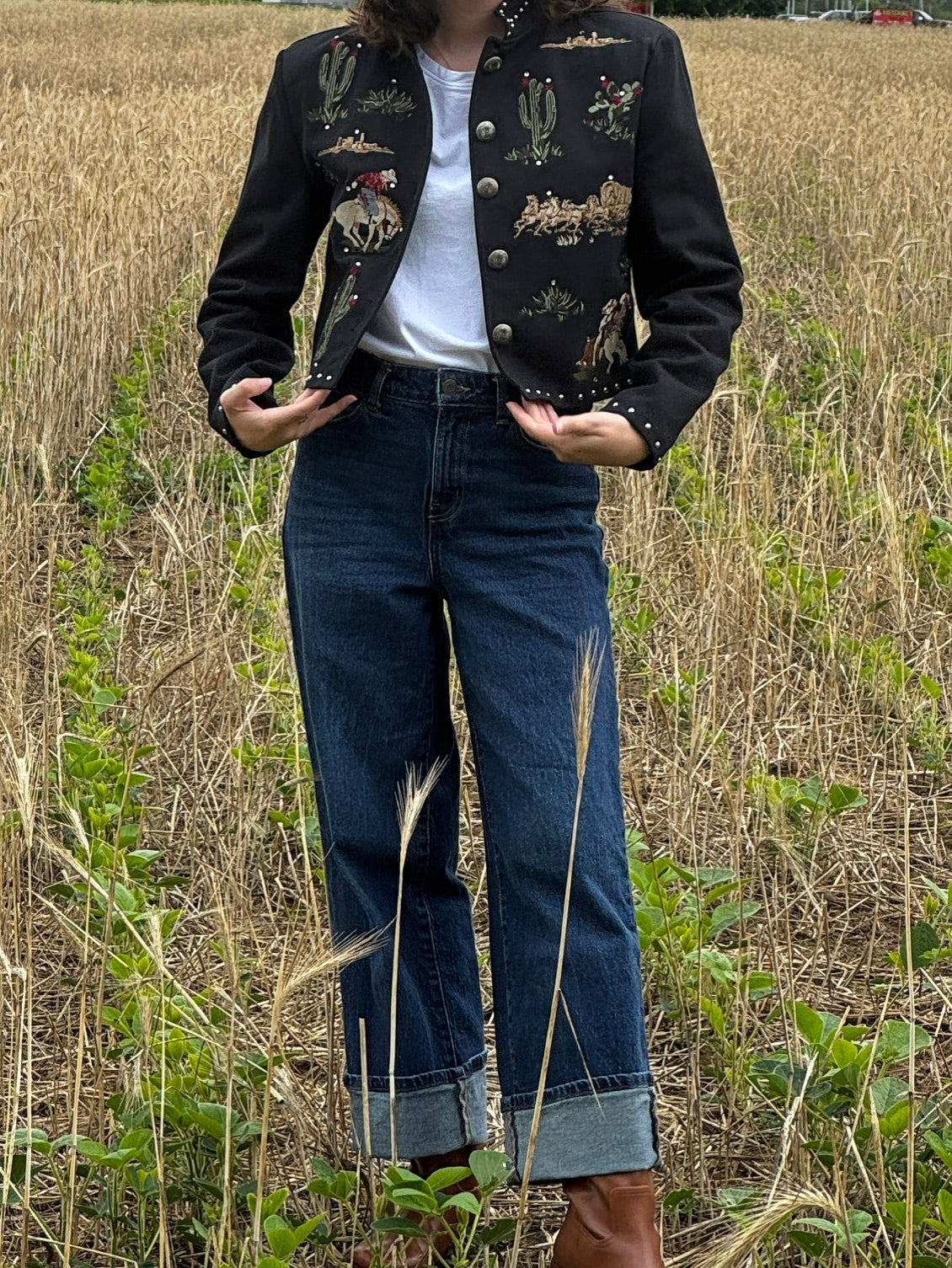 Gordon & James Denim Co. Western/Southwestern Cowboy Embroidered Medium Jacket with Cactus/ Black Cotton Jacket