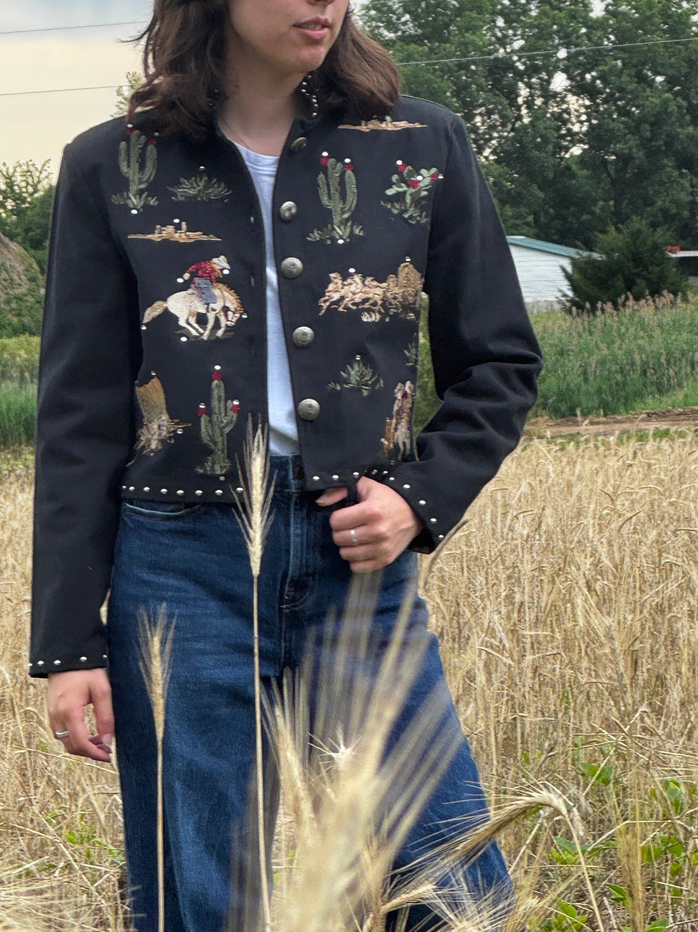 Gordon & James Denim Co. Western/Southwestern Cowboy Embroidered Medium Jacket with Cactus/ Black Cotton Jacket