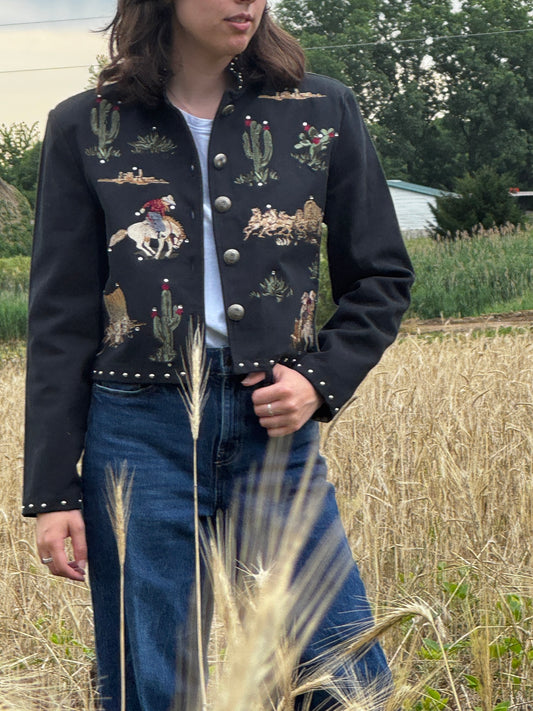 Gordon & James Denim Co. Western/Southwestern Cowboy Embroidered Medium Jacket with Cactus/ Black Cotton Jacket