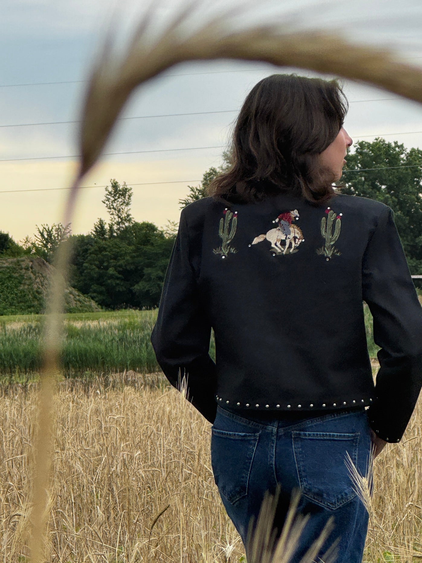 Gordon & James Denim Co. Western/Southwestern Cowboy Embroidered Medium Jacket with Cactus/ Black Cotton Jacket