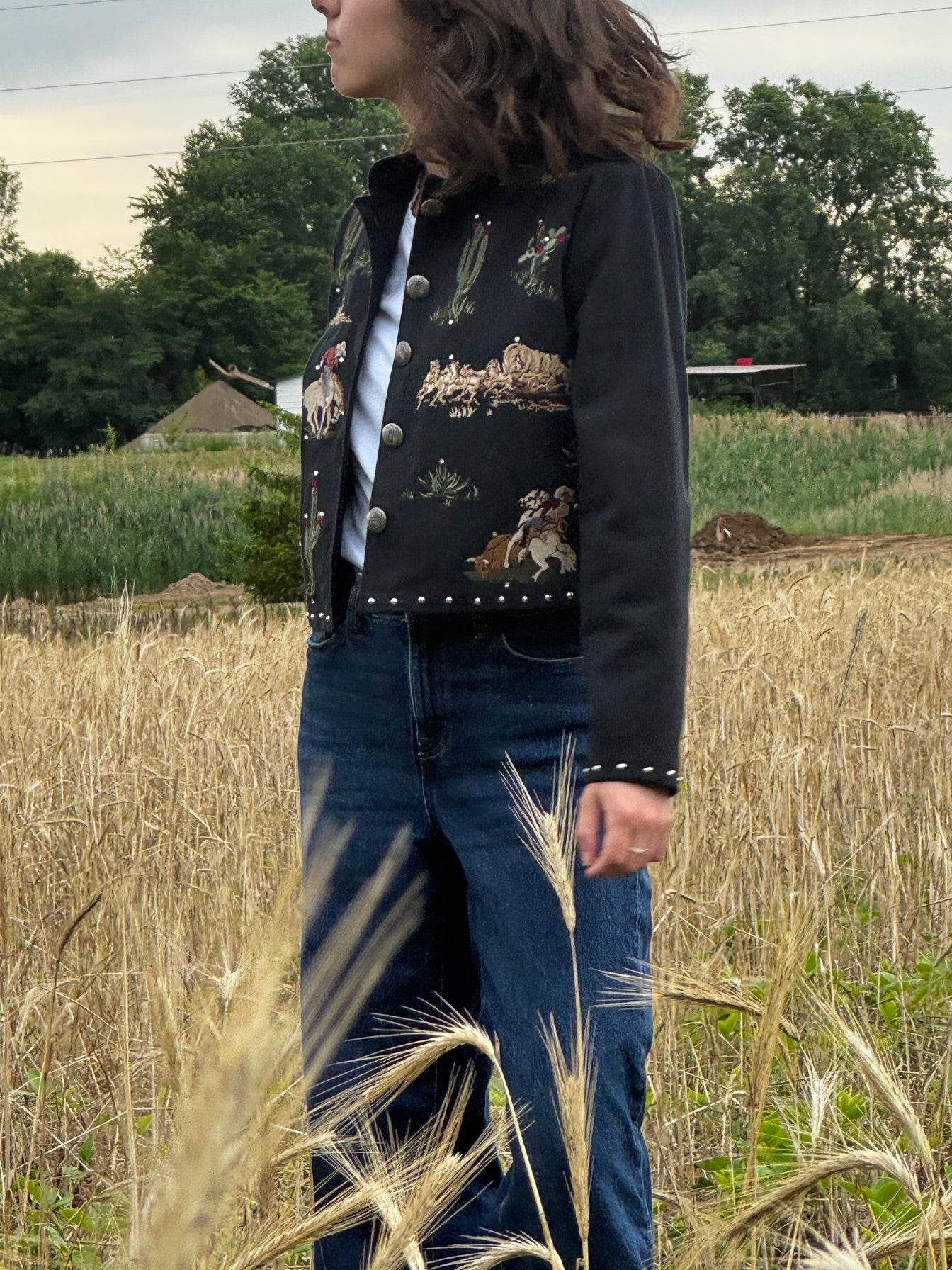 Gordon & James Denim Co. Western/Southwestern Cowboy Embroidered Medium Jacket with Cactus/ Black Cotton Jacket