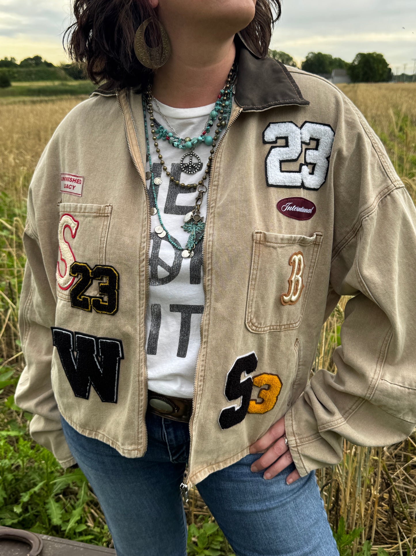 A Patched Upcycled Cream Barn Jacket with Patches - Western Retro Style - Brown funky Patchwork