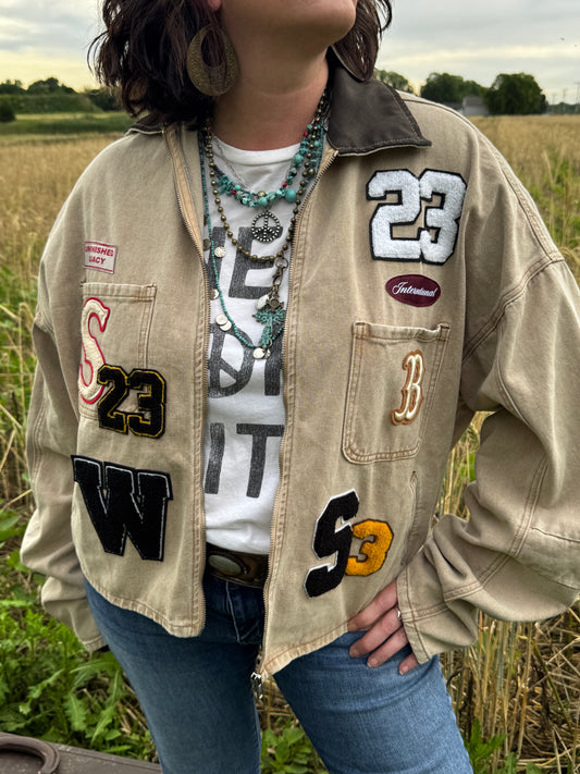 A Patched Upcycled Cream Barn Jacket with Patches - Western Retro Style - Brown funky Patchwork