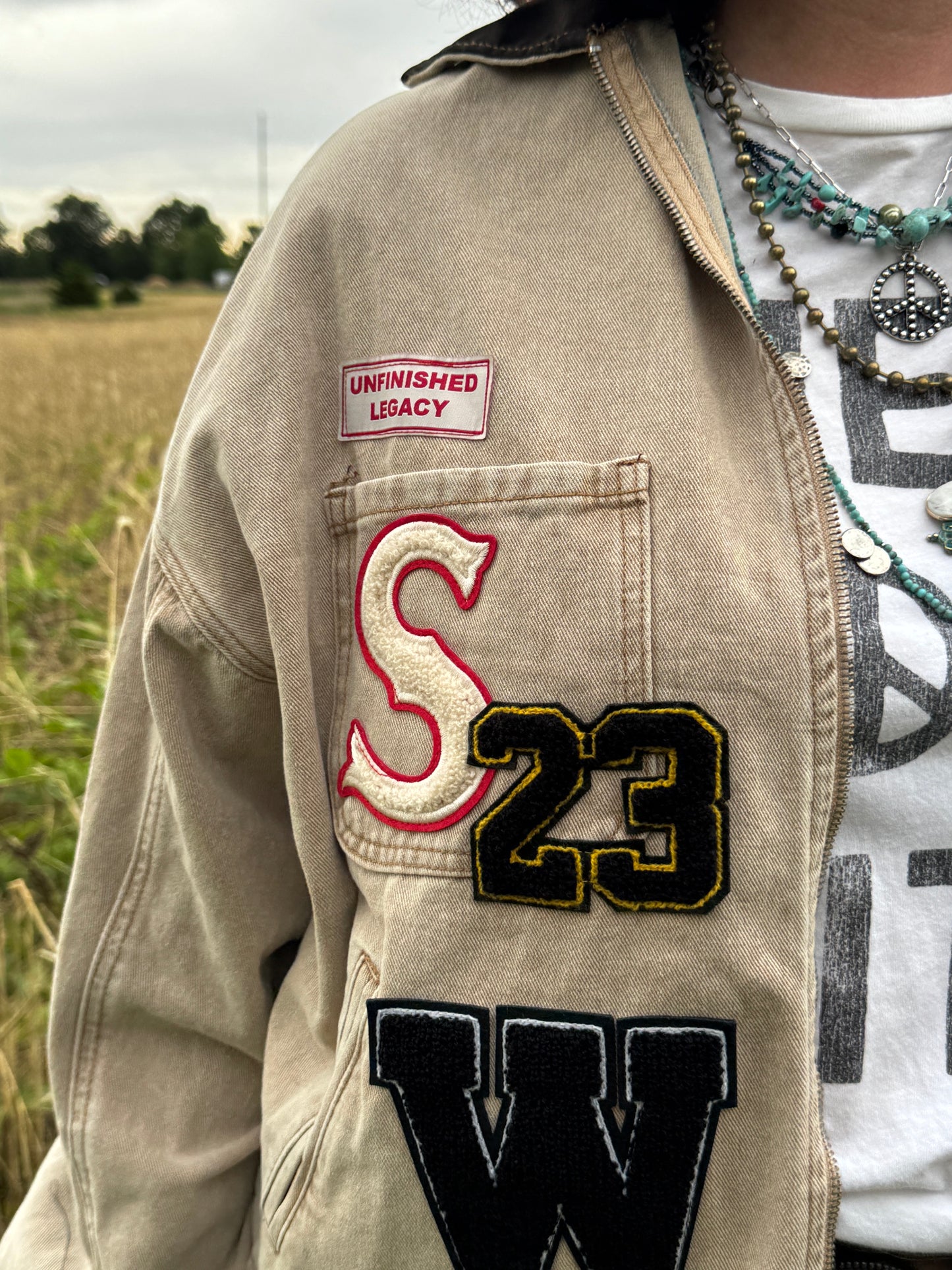 A Patched Upcycled Cream Barn Jacket with Patches - Western Retro Style - Brown funky Patchwork