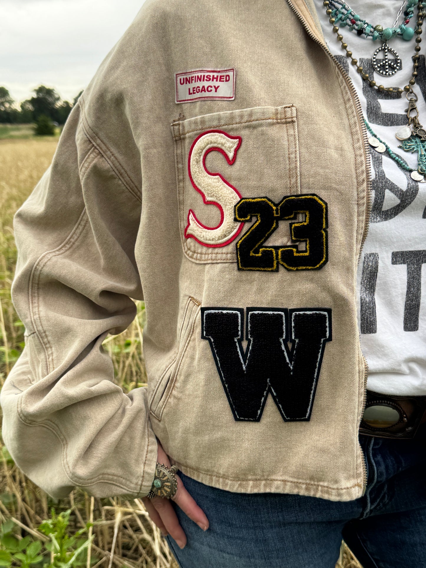 A Patched Upcycled Cream Barn Jacket with Patches - Western Retro Style - Brown funky Patchwork