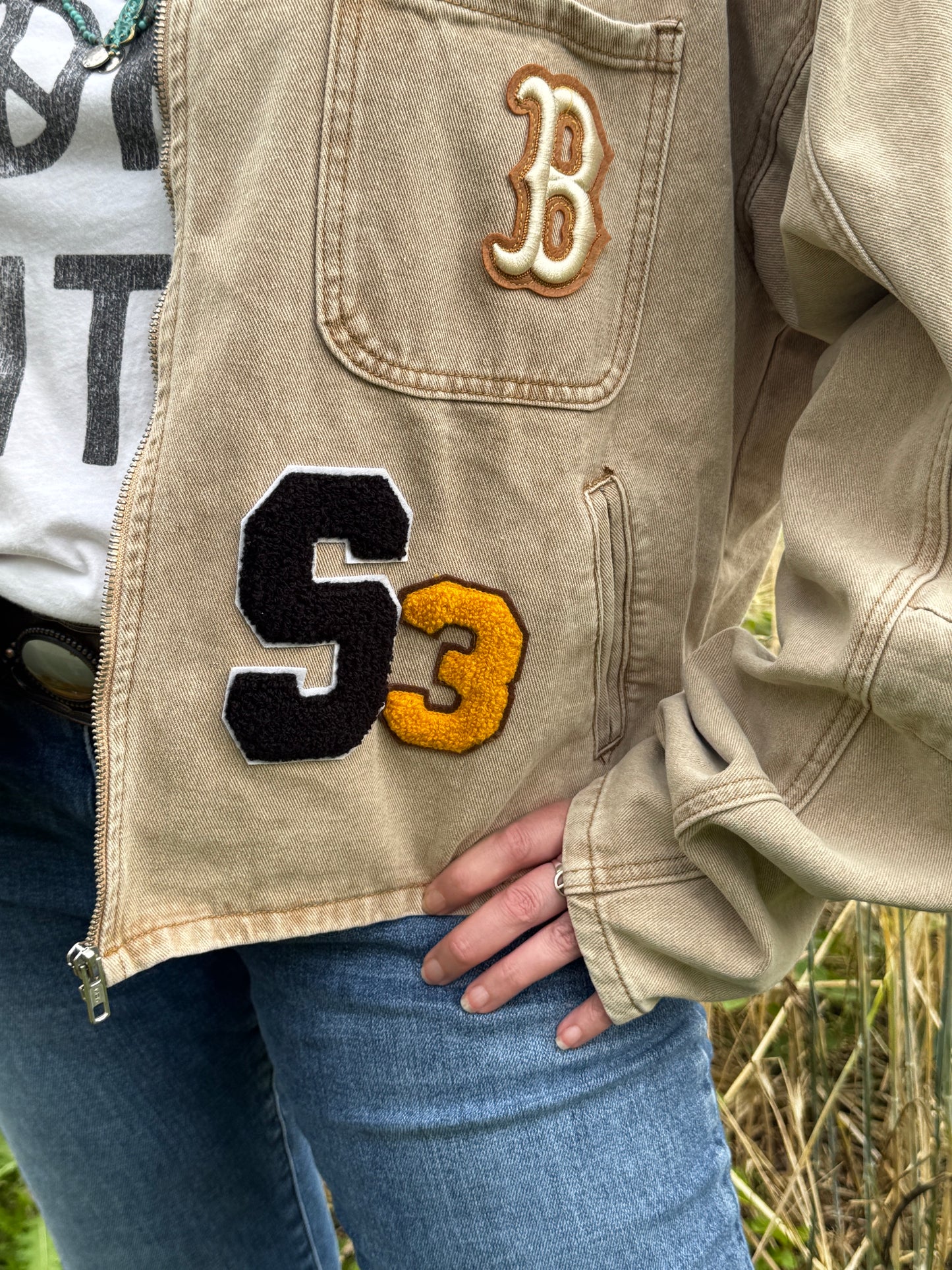 A Patched Upcycled Cream Barn Jacket with Patches - Western Retro Style - Brown funky Patchwork