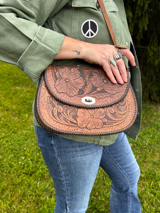Vintage Boho Floral Tooled Leather Purse - Mid-Century Handcrafted Western Boho Bag
