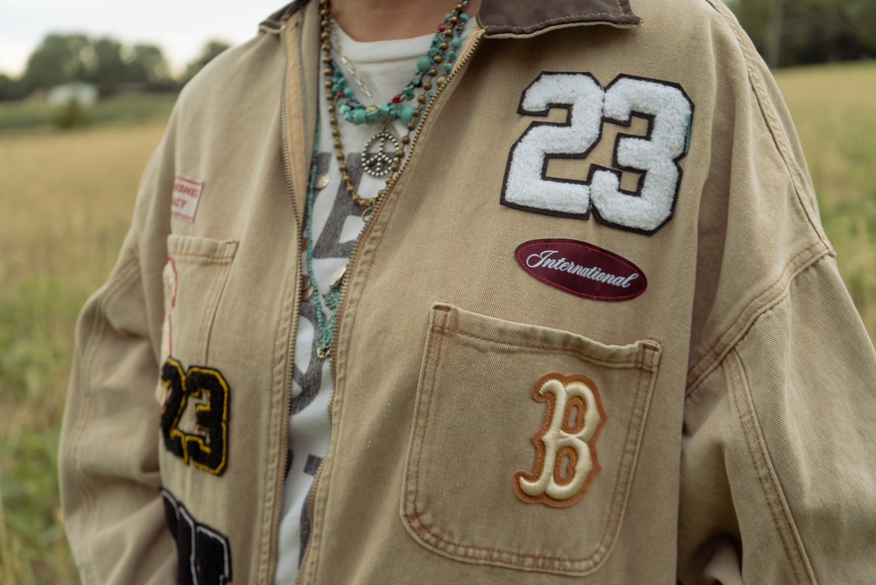 A Patched Upcycled Cream Barn Jacket with Patches - Western Retro Style - Brown funky Patchwork