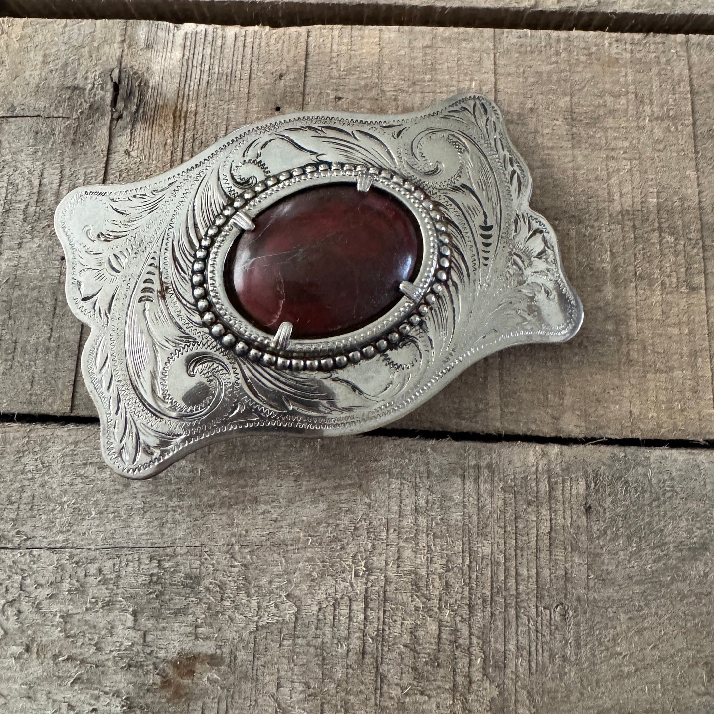 Vintage Dark Red Stone Silver Belt Buckle- Western Design Oval Silver Engraved Buckle
