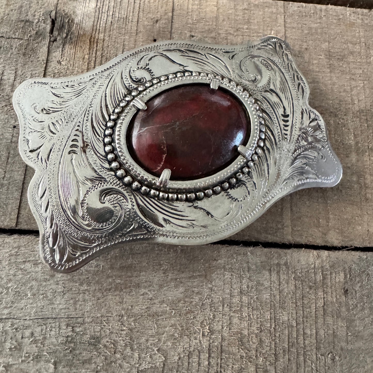 Vintage Dark Red Stone Silver Belt Buckle- Western Design Oval Silver Engraved Buckle