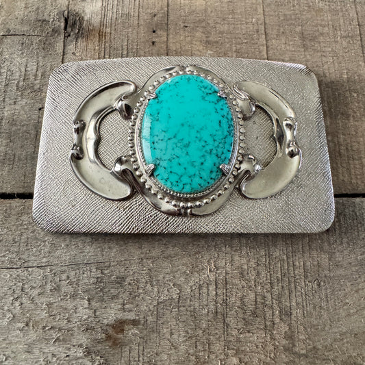 Turquoise Stone Silver Vintage Belt Buckle- Western Design Oval Silver Engraved Buckle