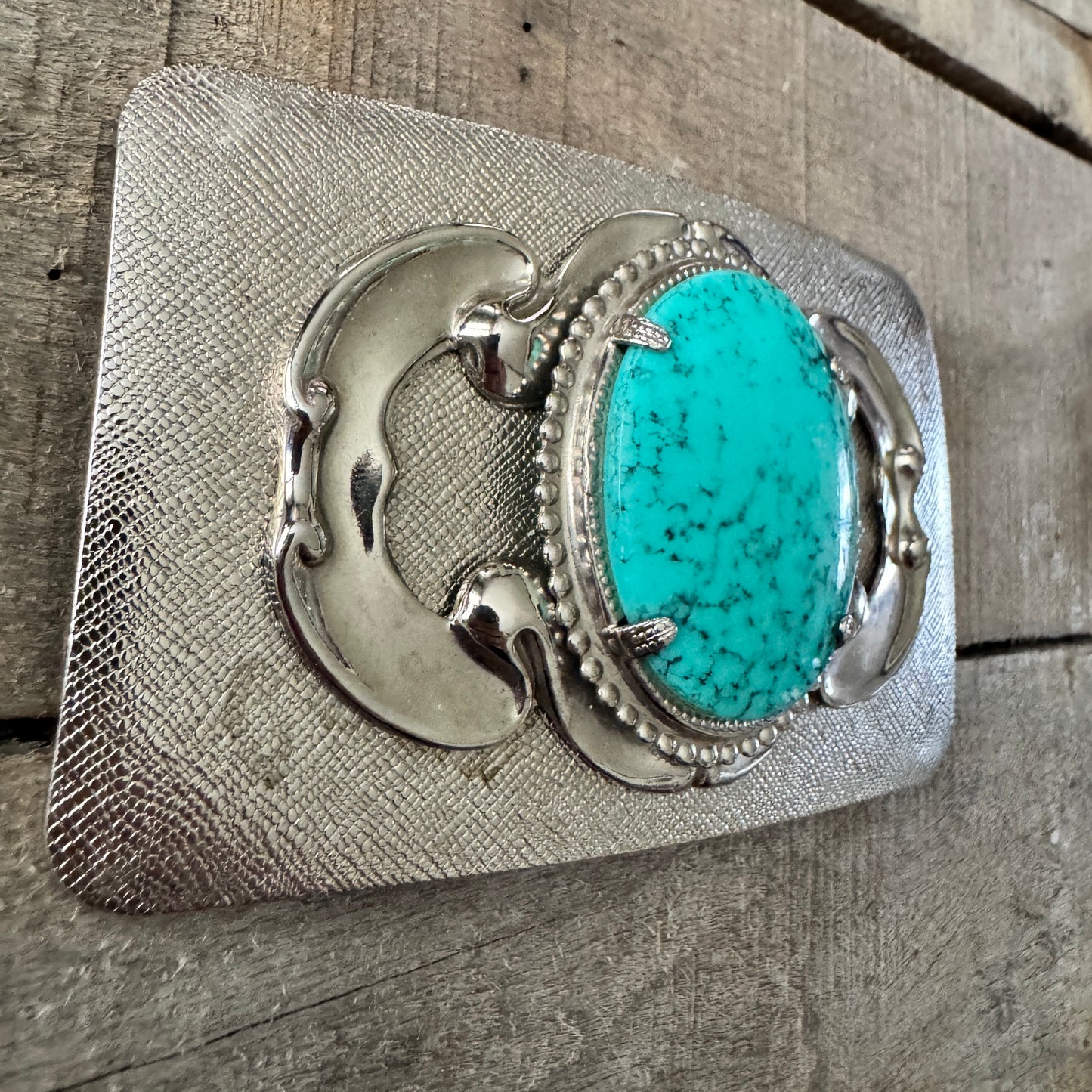 Turquoise Stone Silver Vintage Belt Buckle- Western Design Oval Silver Engraved Buckle