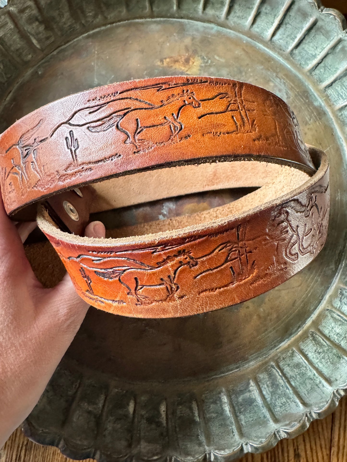 Vintage Leather Belt with Harvey Stamped Western Horse/Cactus Design