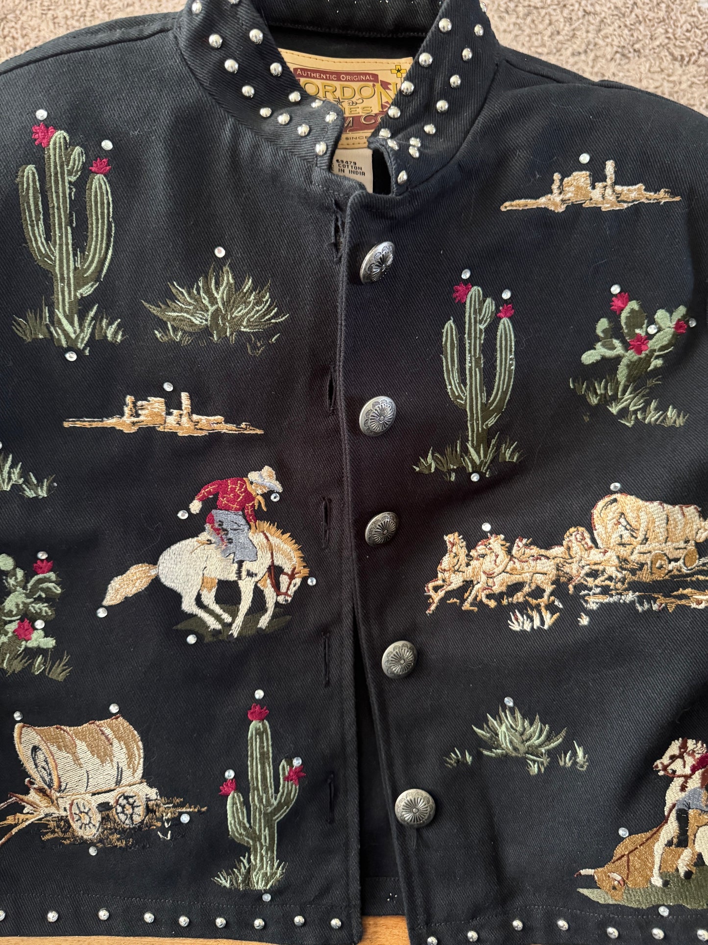 Gordon & James Denim Co. Western/Southwestern Cowboy Embroidered Medium Jacket with Cactus/ Black Cotton Jacket