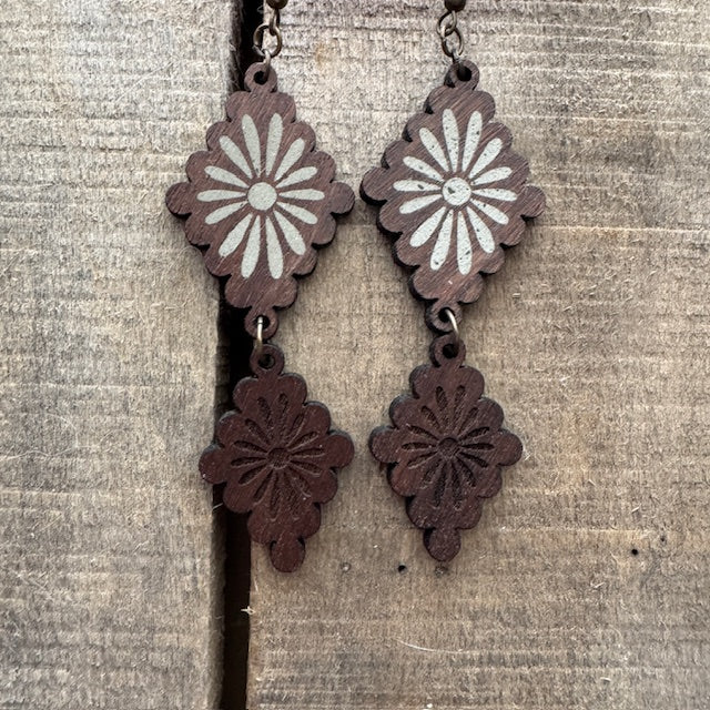 Western Boho Walnut Wood and Concrete Long Dangle Earrings