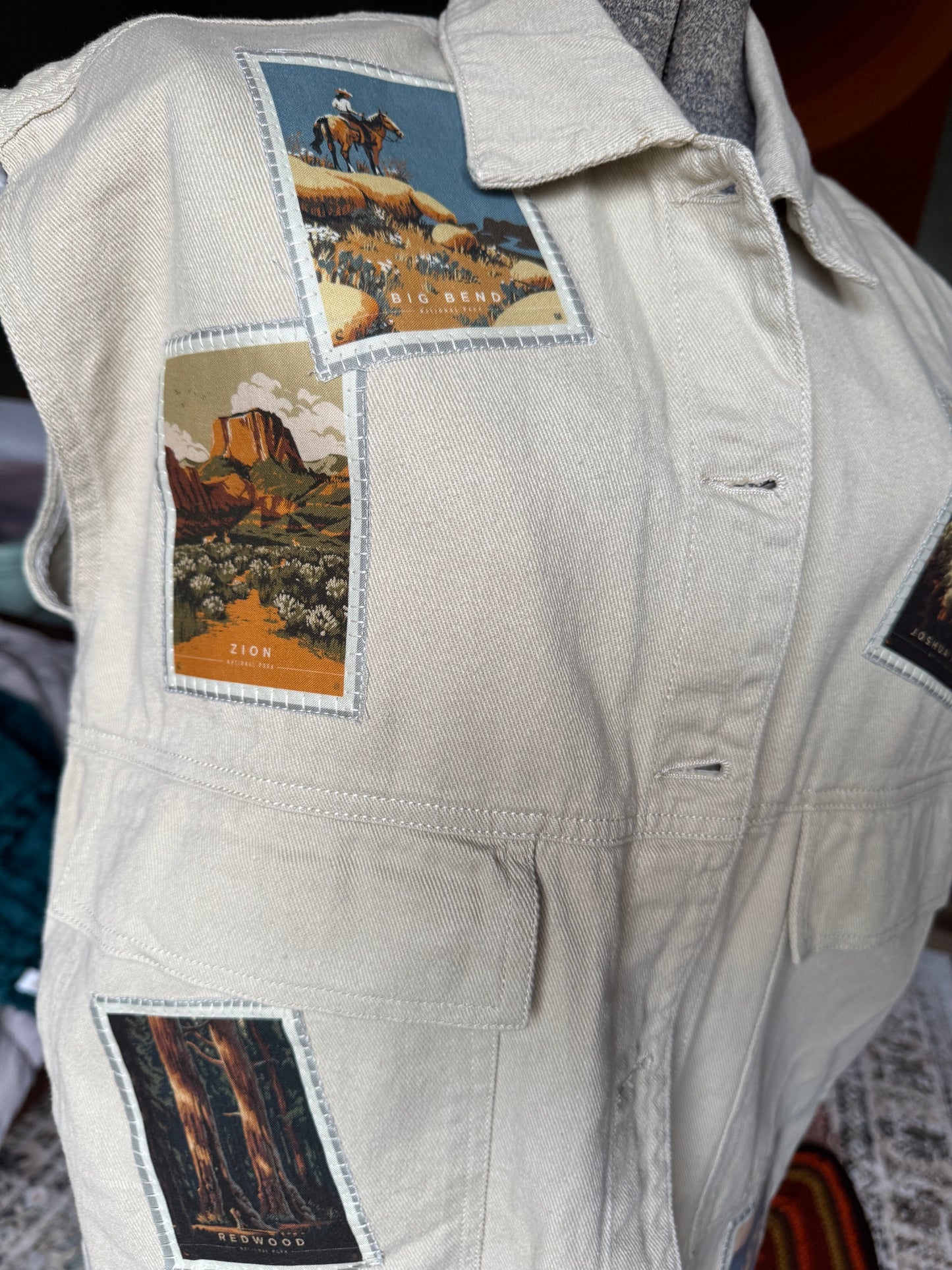 Upcycled National Parks Cream Denim Vest - Vintage americana Patch vest - One-of-a-kind Wearable Art