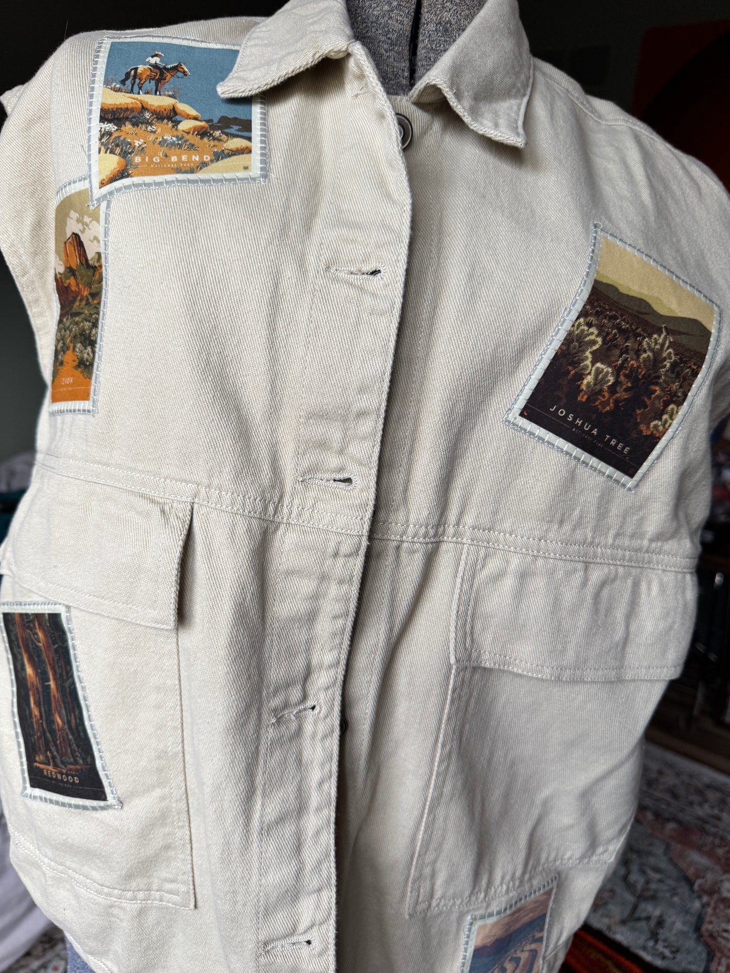 Upcycled National Parks Cream Denim Vest - Vintage americana Patch vest - One-of-a-kind Wearable Art