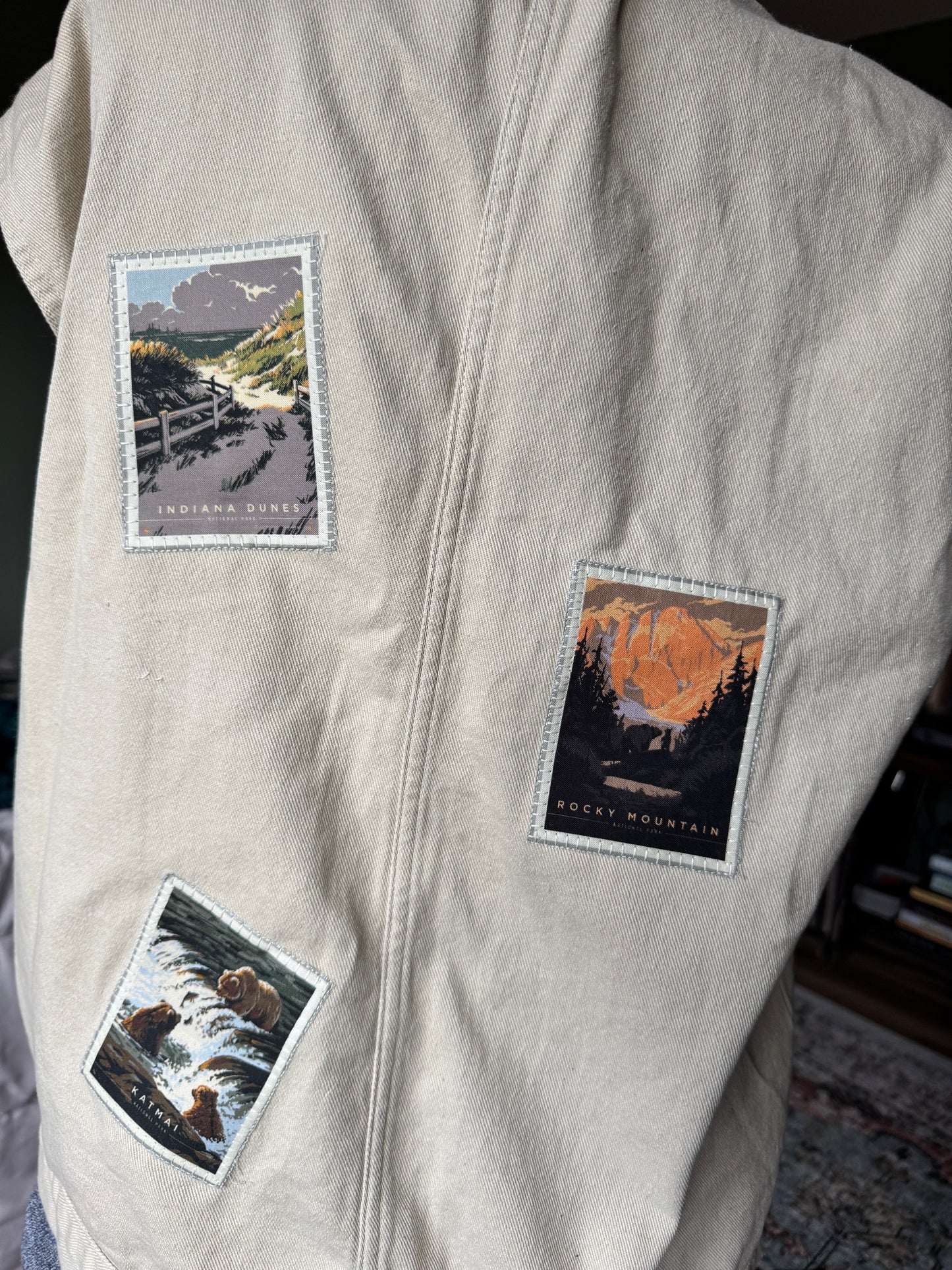 Upcycled National Parks Cream Denim Vest - Vintage americana Patch vest - One-of-a-kind Wearable Art